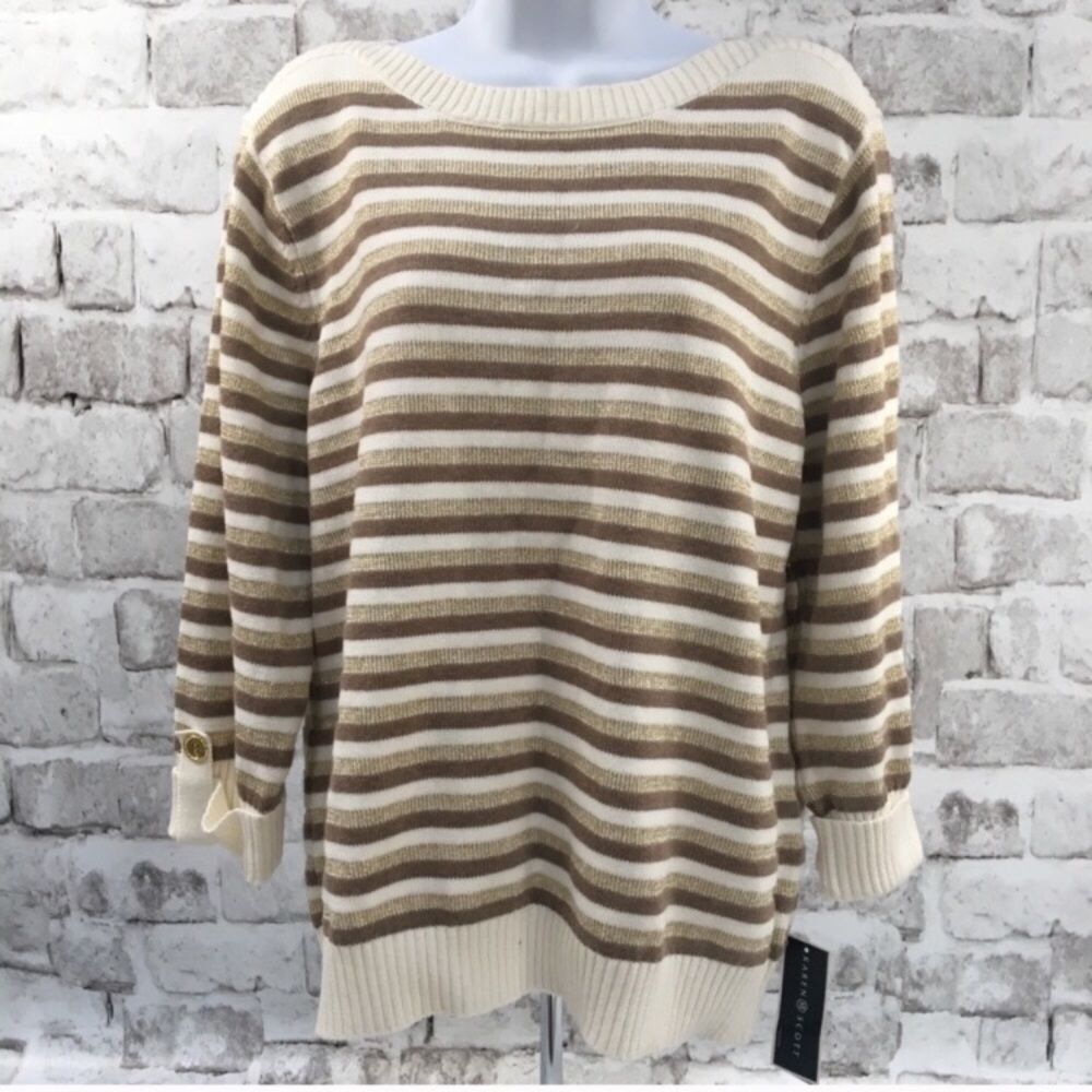 Karen Scott Women's Size XXL Sweater Gold Ivory Khaki Striped 3/4 Sleeve NWT